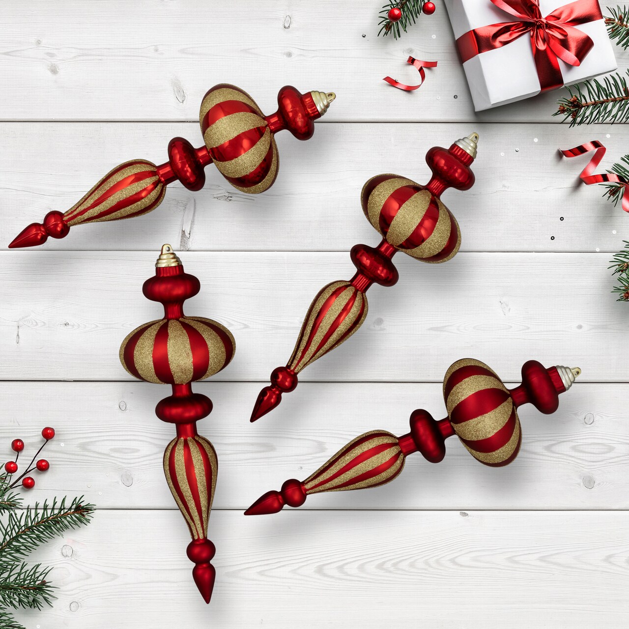 Northlight Shatterproof Commercial Size Finial Christmas Ornaments - 14" - Red and Gold - Set of 4